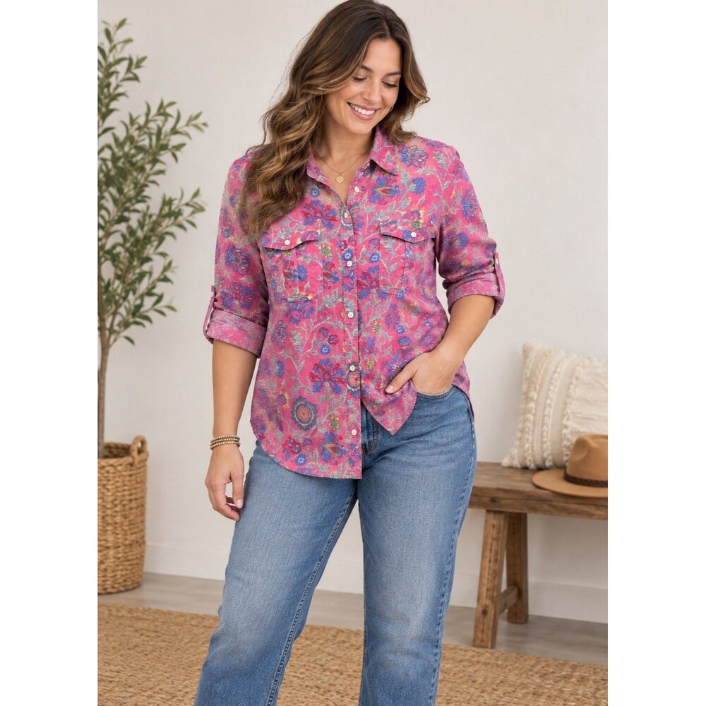 Lauren Ralph Lauren Floral Shirt Women L Pink Cotton Button Up Roll Tab Sleeve